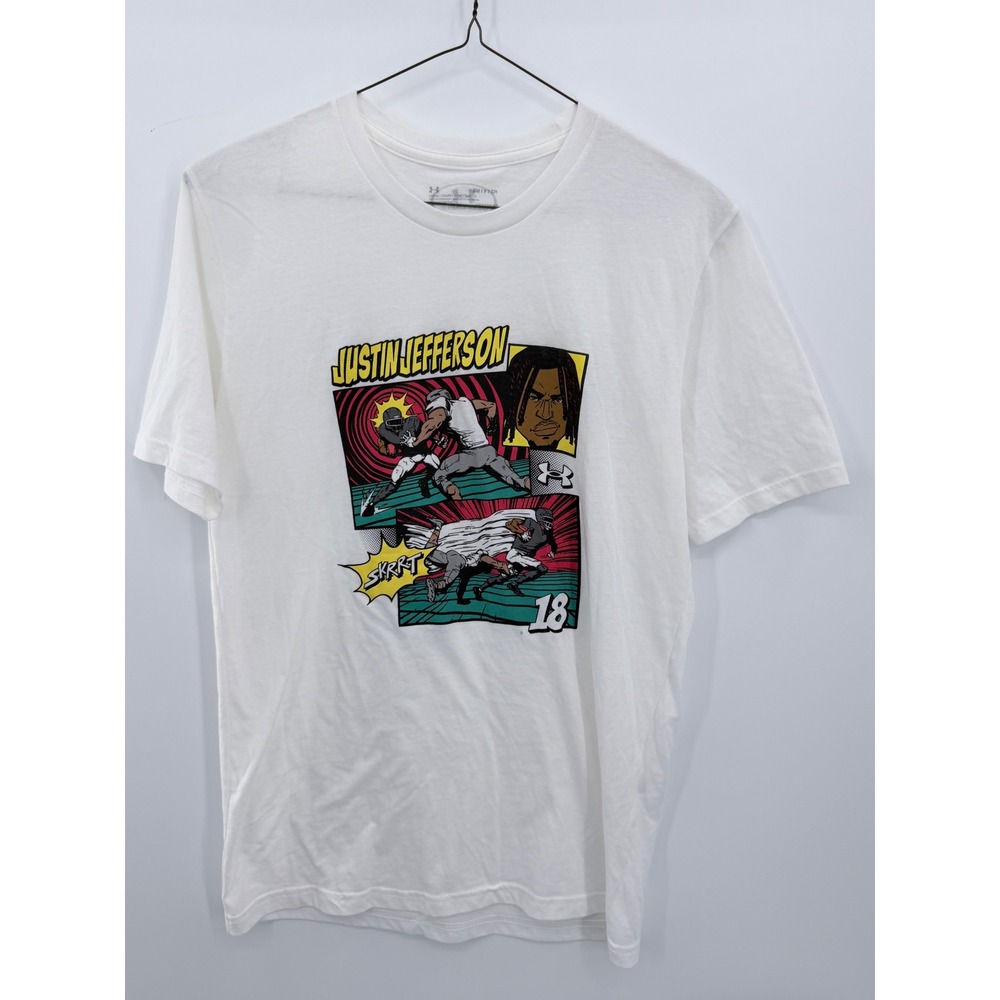 Under Armour Justin Jefferson T-Shirt Mens Small White Comic Graphic NFL
